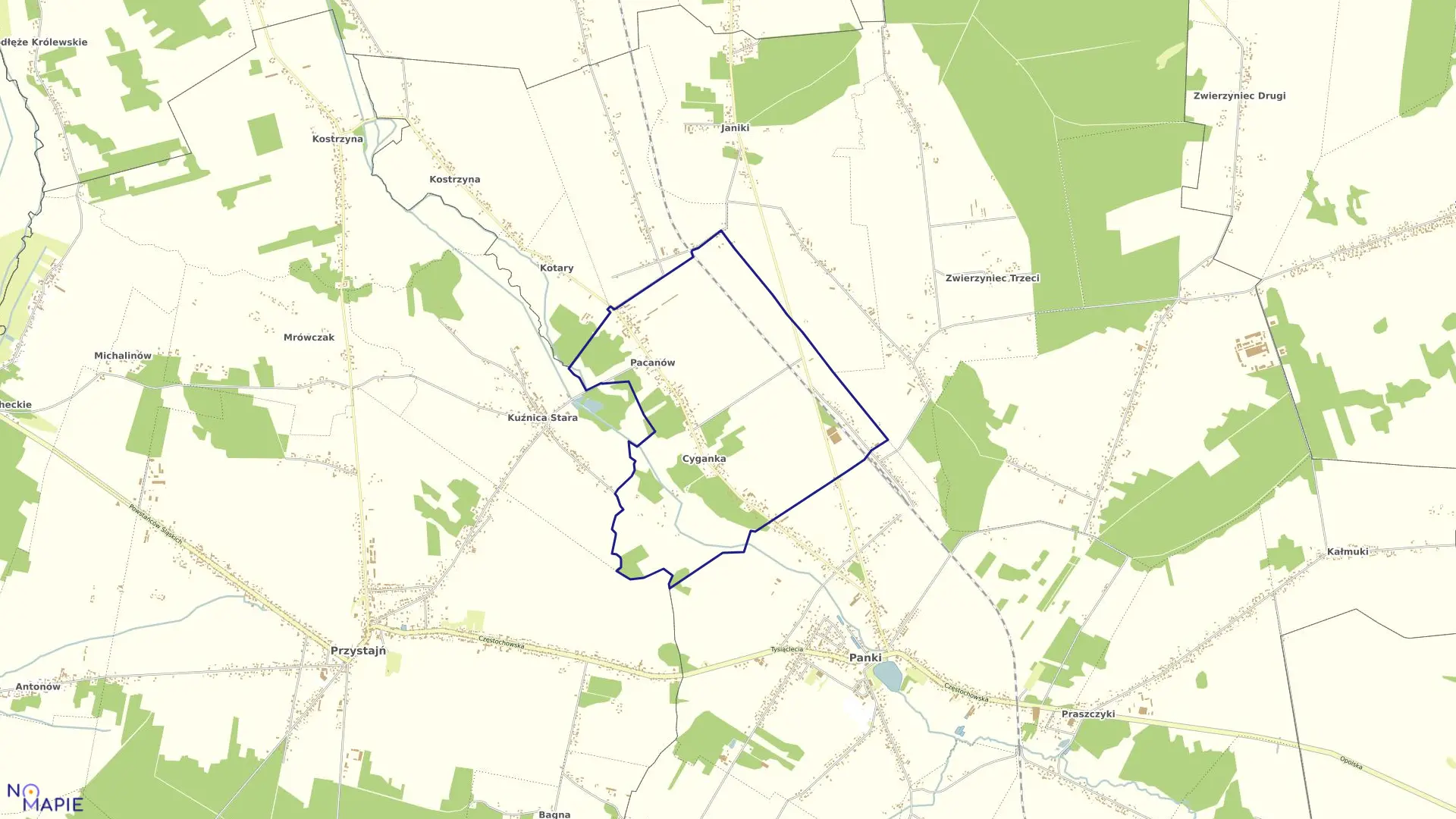 Mapa obrębu Cyganka w gminie Panki
